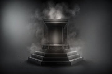 Realistic 3D podium with smoke and dark color for product display. Created with Generative AI Technology	