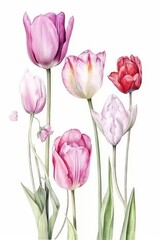 A digital watercolor botanical  illustration of tulips on a plain white background. Generative AI