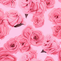 Seamless pattern with large roses on pink background. Generative ai
