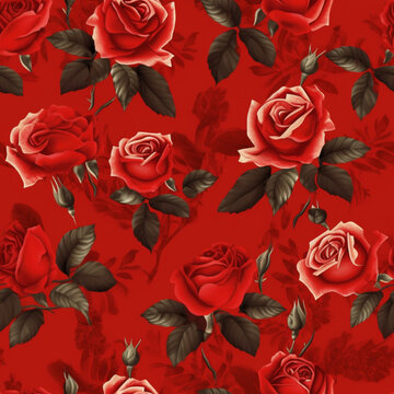 Seamless pattern with large red roses on red background. Generative ai