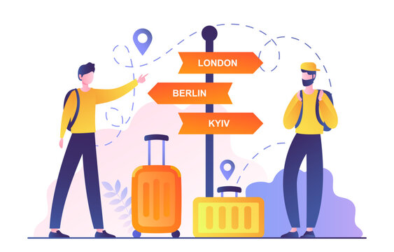 Concept of travel. Men with suitcases stand on road next to signs with inscriptions Kyiv, Berlin and London. Tourists with destination and direction or route. Cartoon flat vector illustration