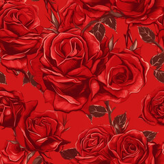 Seamless pattern with large roses on red background. Generative ai