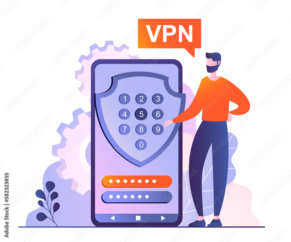 Poster man with vpn concept. young guy on smartphone uses service to bypass blocking. internet security and
