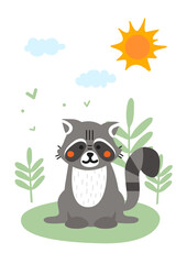 Raccoon in forest banner. Gray animal sits in clearing with plants and flowers under sun. Summer and spring season. Template, layout and mock up. Cartoon flat vector illustration