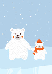 Polar bears banner. Cute animals in red scarf and hat under snowfall. Antarctica and Arctic. Fauna, nature and wild life, predators and mammals. Cartoon flat vector illustration