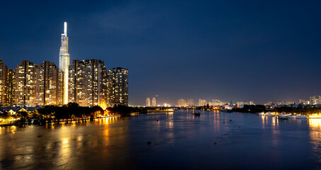 Fototapeta na wymiar The panoramic of night scene in District 1, Downtown Ho Chi Minh City, Vietnam.