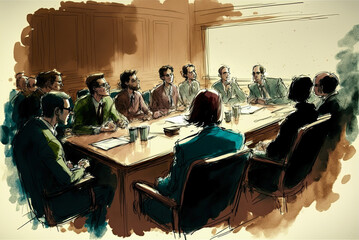 Jury in deliberation room, courtroom sketch. Generative AI