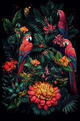 Drawing of a South Amnerican jungle with colorful flowers and macaw birds on a black background.  Generative AI.