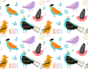 Birds doodle seamless pattern. Repeating design element for printing on fabric. Animal with wings and feathers. Symbol of spring and summer seasons. Nature and fauna. Cartoon flat vector illustration
