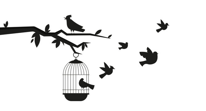 Birds in cage silhouette. Symbol of freedom and inner balance. Aesthetics and elegance. Template, layout and mock up. Spring and summer seasons. Greeting card design. Cartoon flat vector illustration