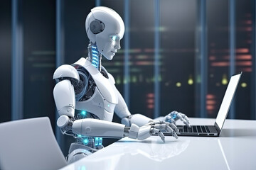 Weißer Roboter übernimmt menschliche Arbeit - obrazy, fototapety, plakaty