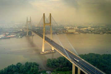 Obraz premium Phu My bridge in the beautiful twilight sunset in Sai Gon city, Viet Nam.