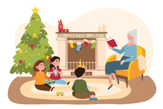Children listen christmas stories. Grandmother with book tells fairy tales to boys and girls. Imagination and fantasy. Children sit with toy car, bus and rabbit. Cartoon flat vector illustration