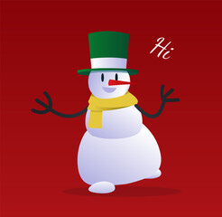 Christmas snowman banner. Fictional character with yellow scarf and green hat. Imagination and fantasy. Poster or banner. Symbol of New Year and winter holidays. Cartoon flat vector illustration