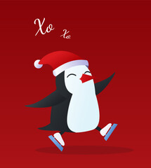 Christmas penguin banner. White and black bird in santa claus hat. Design element for invitation and greeting postcard. International traditions and culture. Cartoon flat vector illustration