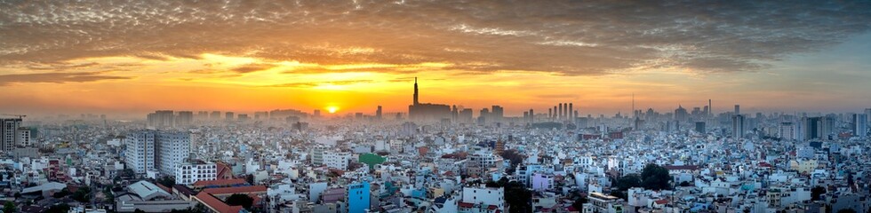 The panoramic of night scene in District 1, Downtown Ho Chi Minh City, Vietnam.