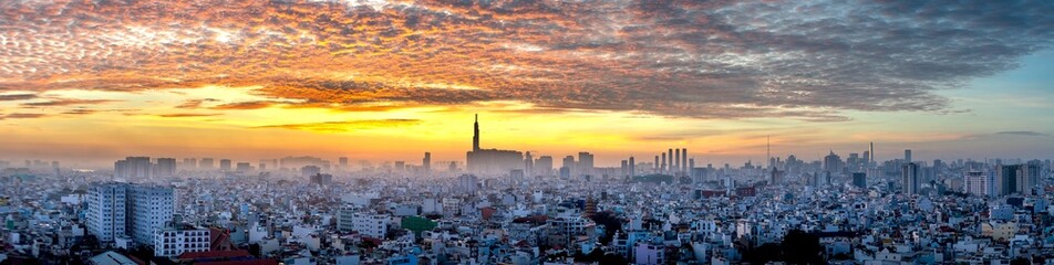 The panoramic of night scene in District 1, Downtown Ho Chi Minh City, Vietnam.