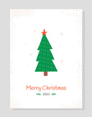 Christmas scandi minimalistic banner. Christmas tree with red star under snowfall. Symbol of winter holidays and festivals. Template, layout and mock up. Cartoon flat vector illustration