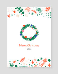 Christmas scandi minimalistic banner. Wreath with red garland and colorful balls. Wreaths and snowflakes. Template, layout and mock up. Decor and ornament element. Cartoon flat vector illustration