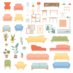 Living room furniture pastel set. Collection of interior and decor elements for the apartment. Beds, armchairs, lamps and plants. Cartoon flat vector illustrations isolated on white background © 100% HAND-CRAFTED