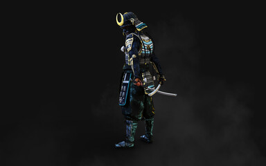 3d Illustration of a samurai wearing blue and green armor holding a katana sword in each hand with clipping path. Samurai concept.