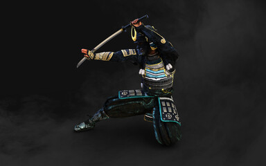 Fototapeta na wymiar 3d Illustration of a samurai wearing blue and green armor holding a katana sword in each hand with clipping path. Samurai concept.