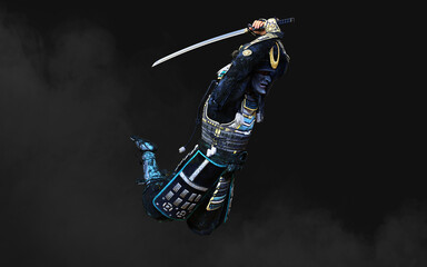 3d Illustration of a samurai wearing blue and green armor holding a katana sword in each hand with clipping path. Samurai concept.