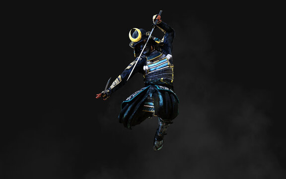 3d Illustration of a samurai wearing blue and green armor holding a katana sword in each hand with clipping path. Samurai concept.