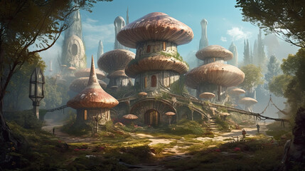 Illustration about fantasy mushroom citadel.