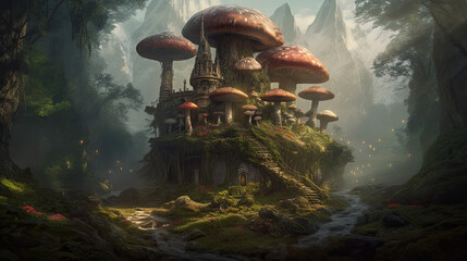 Illustration about fantasy mushroom citadel.