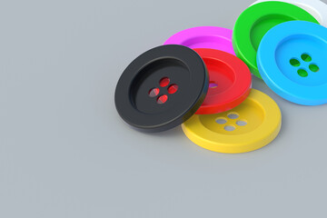 Colorful buttons for clothes. Textile industry. Needlework accessories. Copy space. 3d render