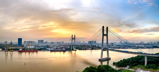 Phu My bridge in the beautiful twilight sunset in Sai Gon city, Viet Nam.