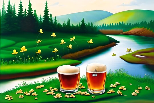 glass of beer on green background