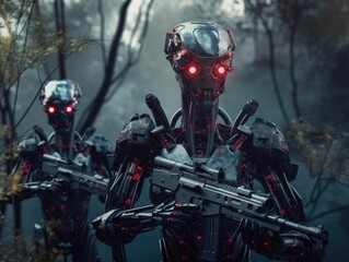 Fototapeta premium Futuristic armored alien robot AI army with metal body and scary red eyes holding weapon and try to invade earth and destroy human civilization. Created with Generative AI Technology.