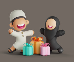 Cheerful 3D Muslim Couple Celebrating with a Pile of Gifts in Front of Them
