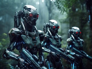 Futuristic armored alien robot AI army with metal body and scary red eyes holding weapon and try to invade earth and destroy human civilization. Created with Generative AI Technology.