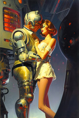 Beautiful and sexy woman in love with robot, embracing waist and kissing. Retro painting cover book style. Created with Generative AI Technology.