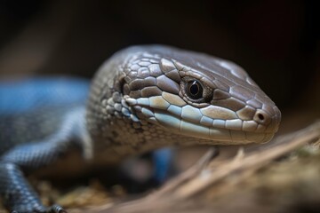 Obraz premium Curious Blue Tongue Skink Displaying Its Signature Feature, created with Generative AI technology