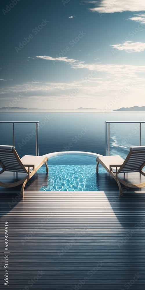 Poster loungers by the pool with a panoramic view of the ocean. generative ai