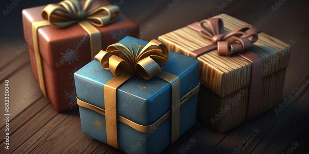 Poster closeup image of three present boxes piled on top of each other on a wooden surface generative ai