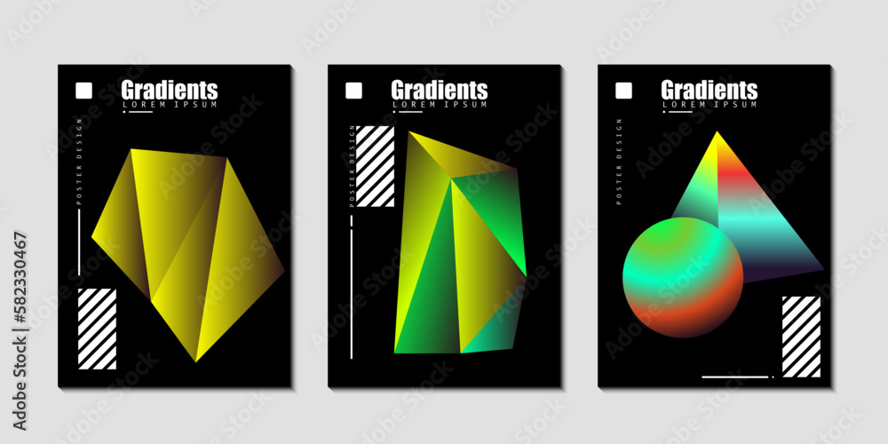 Poster abstract black poster collection with colorful gradient geometric shapes. cover set in minimal style