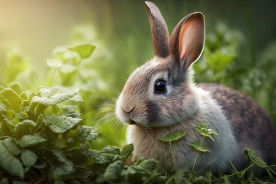 adorable bunny chomping on grass in the yard. Generative AI