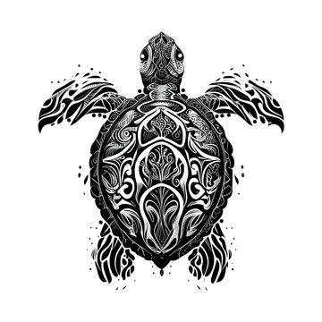 Stylized Sea Turtle in water, circular black white illustration, AI Generative