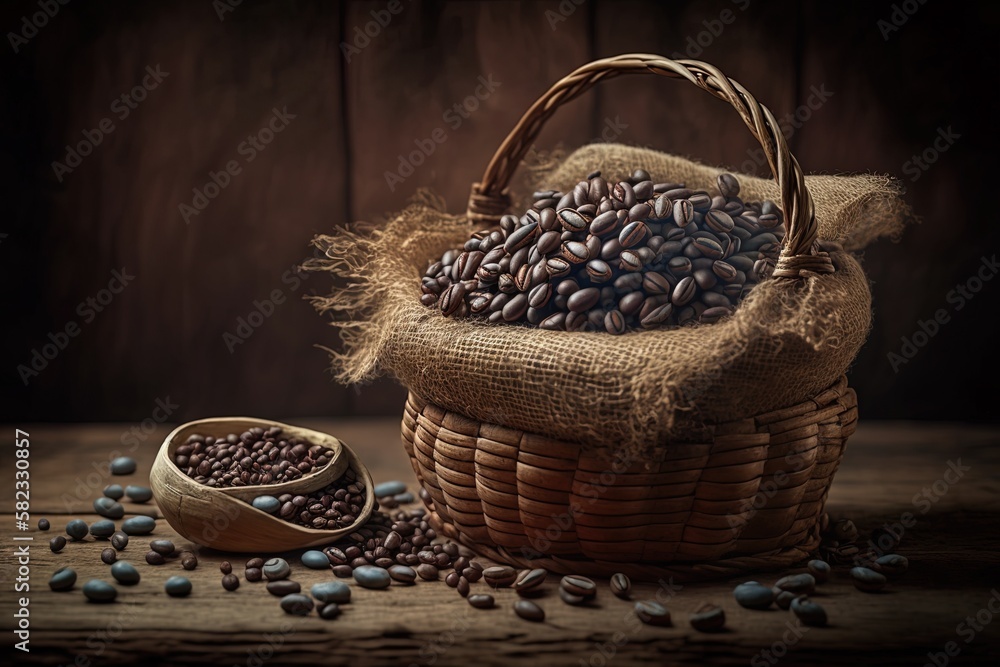 Poster roasted coffee beans in a wicker container on a wooden table generative ai