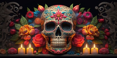 traditional day of the dead dia de muertos skull, Generative AI	 - obrazy, fototapety, plakaty