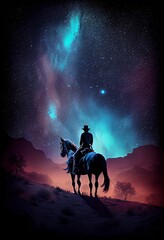 Fototapeta premium Midnight Ride: Cowboy, Horse, and Cosmic Symphony