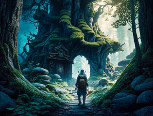 Fototapeta premium A man in a fantasy forest, fantasy drawing - generative AI