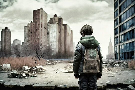 A child facing a post-apocalyptic devastated town - generative ai