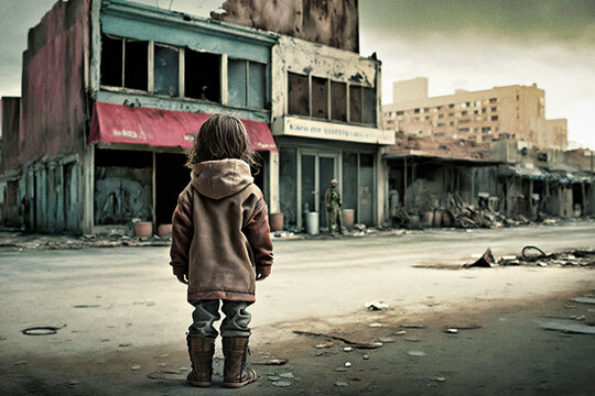 A child facing a post-apocalyptic devastated town - generative ai