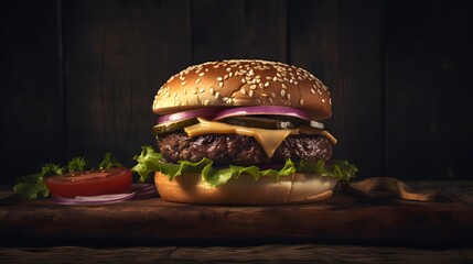Delicious hamburger on wooden background composition